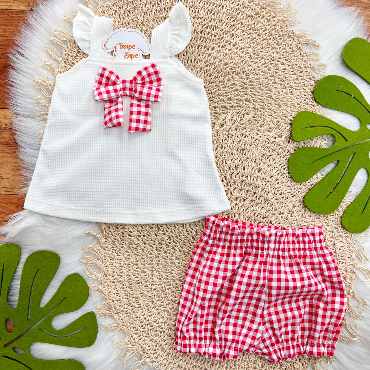 Conj. Regata com Laço e Short Xadrez - Vermelho e Off White